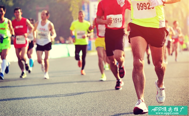 Marathon running race, people feet on city road