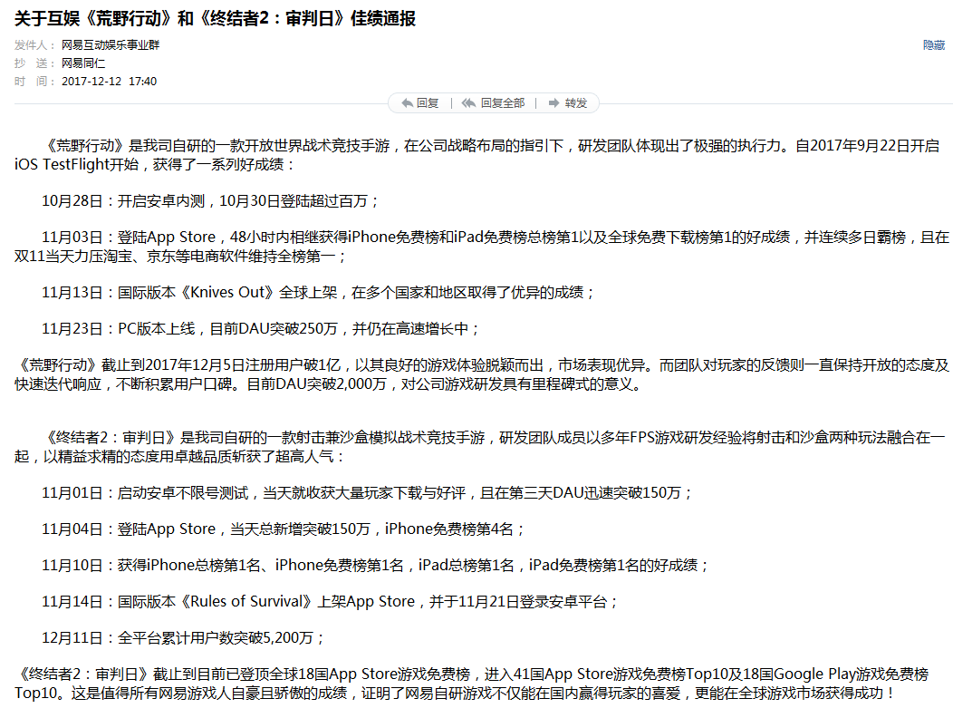 正确“吃鸡”姿势：《荒野行动》用户破亿、《终结者2》用户超5200万
